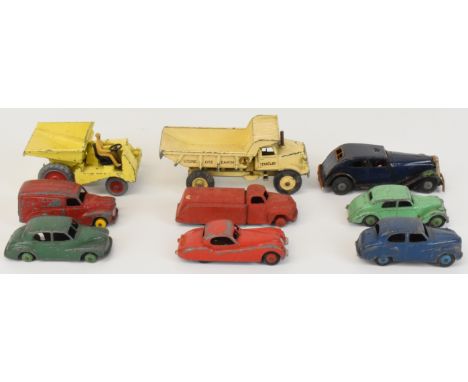 Nine vintage Dinky and Tri-ang diecast model cars to include Riley, Austin Somerset, Austin Van, Jaguar and Morris Oxford.