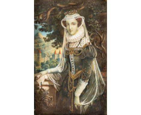 A miniature portrait of Mary Stuart of Mary I of Scotland (1542 - 1587) a painting, oil on bone. 18th/19th century.  Dimensio