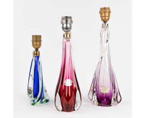Val Saint Lambert, a collection of 3 lamp bases made of coloured glass. Marked on the base.  Dimensions: (H:39 cm)