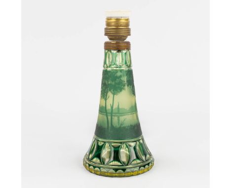 Val Saint Lambert, a lamp base with landscape decor. Marked in the crystal.  The glass has a crack and restoration near the t
