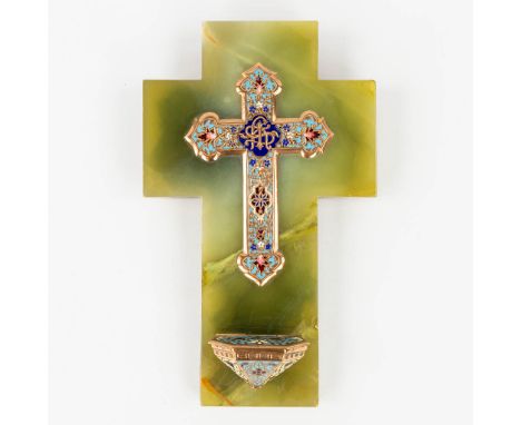 A crucifix and holy water font, onyx finished with cloisonnŽ enamel.  Dimensions: (W:13 x H:21 cm)
