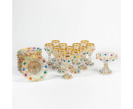 An exceptional set of goblets and glassware, decorated with hand-painted enamel decorations. Blown moulded, Bohemia, end of t