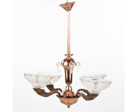 EZAN France, an art deco chandelier with 4 glass bowls. Made in France, the first half of the 20th century. Marked.  Dimensio