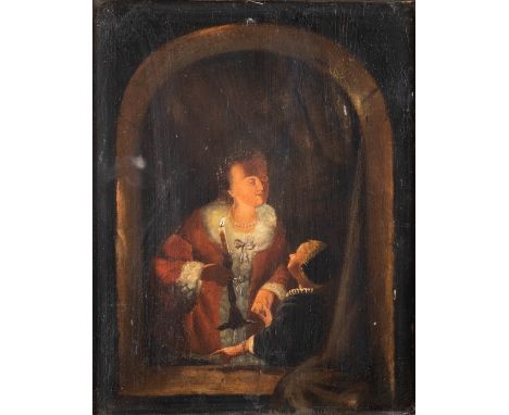 'Mother and Daughter by candle light' an antique painting, oil on panel. 19th C.  Dimensions: (W:28 x H:36 cm)