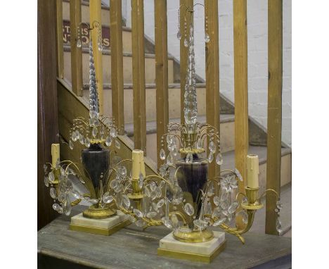 CANDELABRA, a pair, two branch, gilt metal on marble bases, 65cm H. (2)