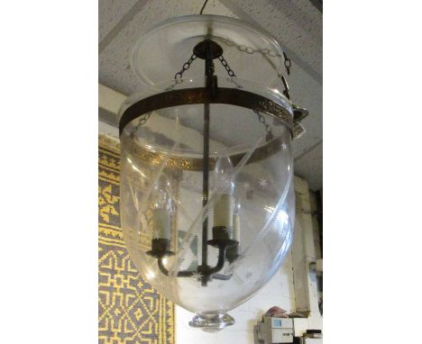 VAUGHAN GLASS BELL JAR PENDANT LIGHT, with foliate etched decoration, approx 55cm H. (with faults)