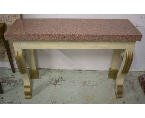 CONSOLE TABLE, antique Regency design painted and giltwood with slab granite top on scroll front legs, 81cm H x 122cm W x 40c