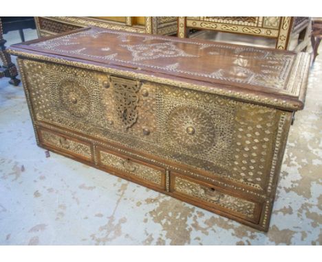 ZANZIBAR TRUNK, 19th century Moorish hardwood and brass studded with rising lid, three drawers and carrying handles, 50cm D x