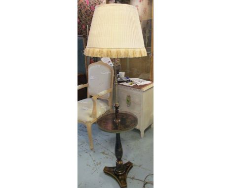 CHINOISERIE FLOOR STANDING LAMP, black lacquered decorated with figures on a baluster turned column and triform base, (with a