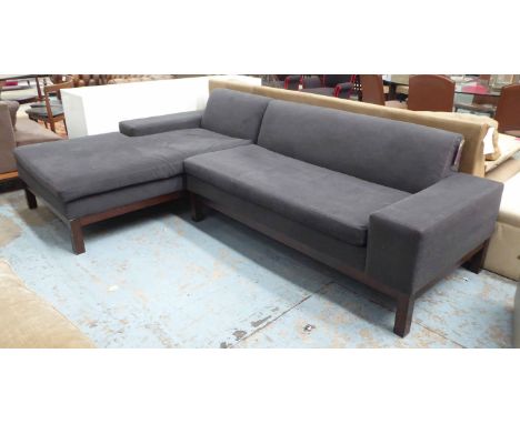 WEST ELM CORNER SOFA, in grey fabric, on square supports, 275cm W x 162cm D. (slight faults)