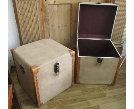 VINTAGE STYLE TRUNKS, a pair, canvas bound and leather with rising lid, 50cm x 50cm x 50cm. (2)