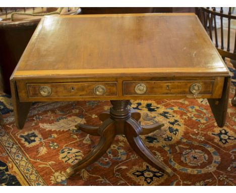 SOFA TABLE, Regency mahogany and satinwood crossbanded with drop flap top with two short drawers below to one side and two fa