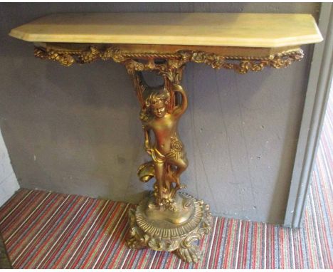 CONSOLE TABLE, giltwood with marble top, depicting a cherub on lion paw supports, 80cm H x 81cm W x 29cm D.