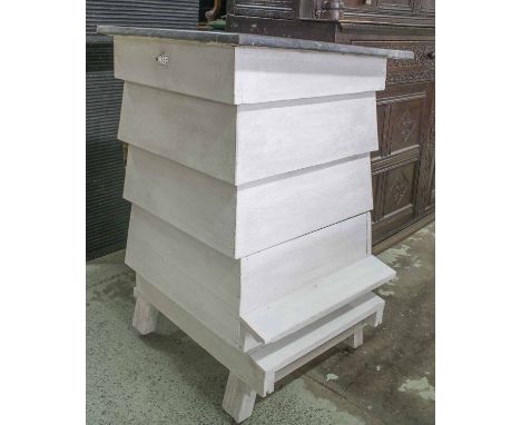 BEEHIVE, vintage traditional white painted galvanised three sections on stand, 65cm x 65cm x 102cm H.