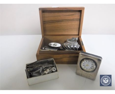 A walnut trinket box of assorted lighters including Minuet, Rollstar etc together with a box containing vintage pen nibs and 