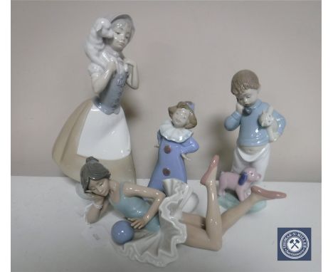 Four Nao figures, boy with teddy bear etc