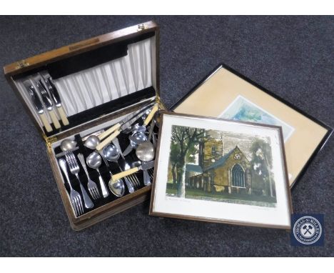 A 20th century oak canteen of stainless steel cutlery together with a framed print, Old Newcastle, and a Norman Wade limited 