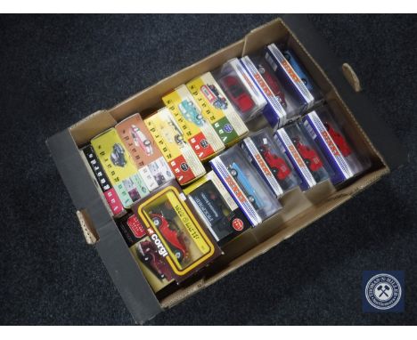 A box containing boxed 20th century die cast vehicles including Dinky, Corgi and Vanguards