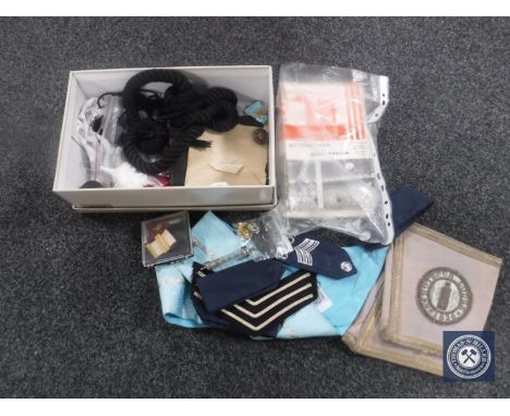 A shoe box of containing 1966 Sunderland home programmes, Hotspur Lodge cup, Freemasons sash, service epaulets, sew on patche