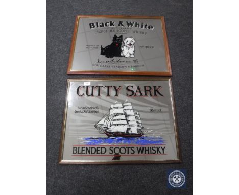 Two framed pub advertising mirrors, Cutty Sark and Black and White Scotch Whisky