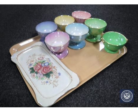 A tray containing a Maling Roselind trinket tray together with seven Maling grapefruit dishes