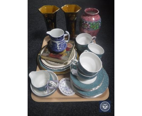 A tray of twenty-one piece Wedgwood garden tea service, wall plates, Maling vase, pair of Art Deco pottery vases