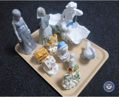 A tray of Nao goose and two other Spanish style figures, fairing bust, money box, etc 