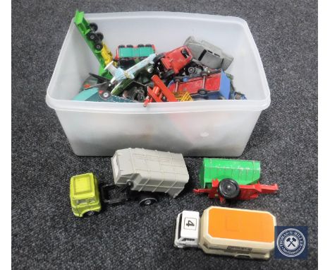 A box of mid 20th century and later play-worn die cast vehicles including Corgi, Matchbox and Dinky toys