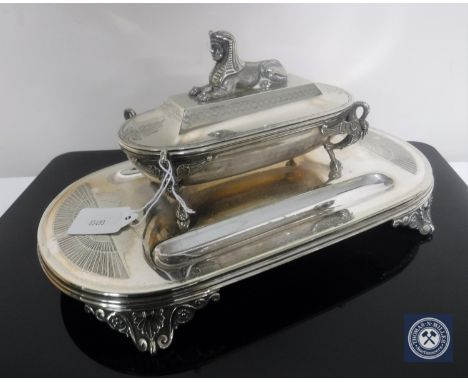 An Egyptian Revival silver plated desk standish by Henry Wilkinson &amp; Co.  