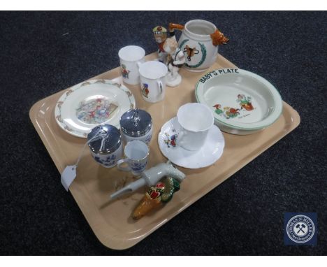 A tray containing vintage baby plate, part child's china tea service, Royal Doulton Bunnykins plate, Royal Worcester egg codd