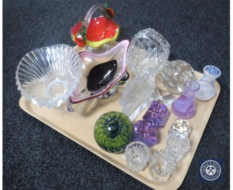 A tray of assorted glass ware, Caithness vases, paperweights, bowls, baskets etc 