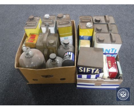 Two boxes of vintage tins, oil cans, demijohns 