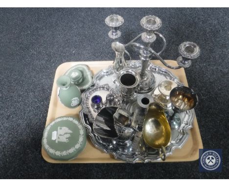 A tray of assorted plated wares including serving tray, candelabra, sugar helmet, together with four pieces of green Wedgwood