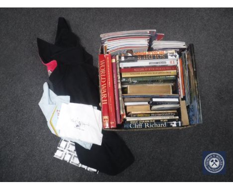 Two boxes containing assorted books including World War, reference, theatre programmes, War Illustrated magazines, vintage st