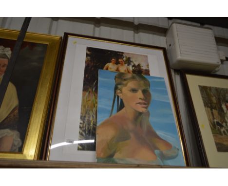 A framed and glazed print of two nude females; and a portrait study