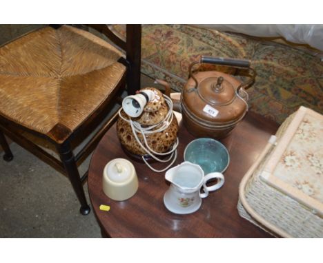 A copper kettle; pottery glazed table lamp; Ray ware jar and cover etc.