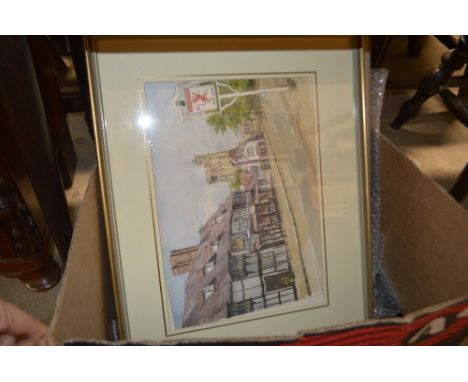 A box of various pictures and prints to include a pencil signed print of a church; various studies of churches and The Moot H