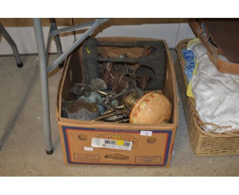 A box of old metalware, oil lamp etc. 