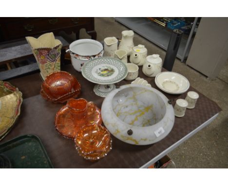 A mottled glass light shade; Carnival glassware; an Art Deco vase; and various other china