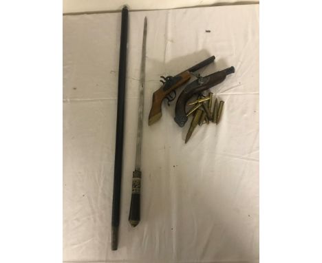 Swordstick, ammunition and two wallpiece pistols