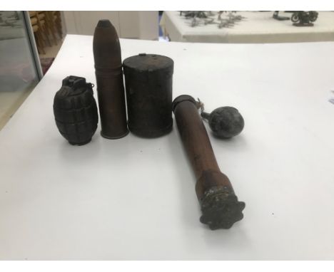 WWI & WWII Egg grenade, Artillery shell,  Mills bomb and German Stick grenade.