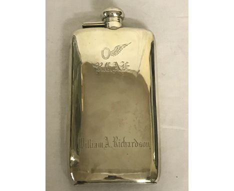 A Large HM silver RCAF observer's hip flask by Birks, engraved with Brevet to the front.