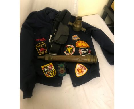 Fire Brigade items to inc, Jacket,Embroidered Badges, Belt with axe holder, Brass vintage Branch and Female Coupling.