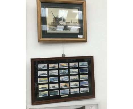 Framed navy ship cigarette cards and gravesend harbour print