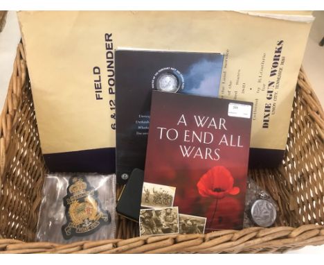 box of odds, framed photo`s, coins, watch, 8 - 12 pounder facsimile manual etc.