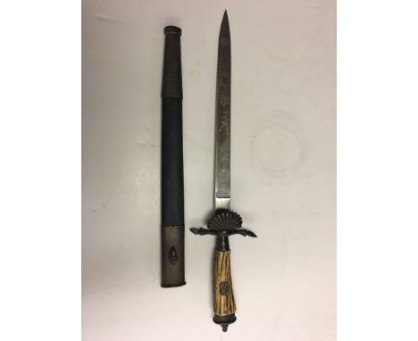 Dagger of the german National Hunting Association, with Stag horn handle and applied badge, Engraved hunting scenes to both s