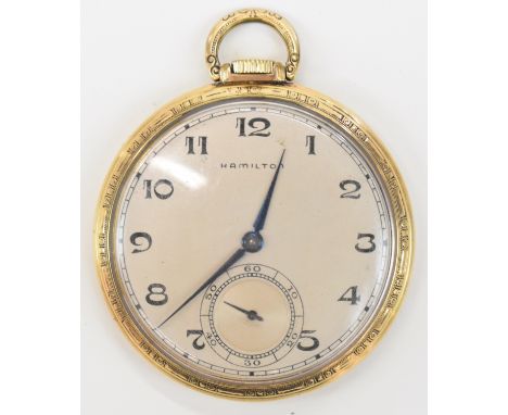 Hamilton Art Deco gold plated keyless winding open faced pocket watch&nbsp;with inset subsidiary seconds dial, blued hands, b