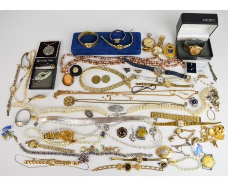 A collection of jewellery including beads, Seiko and Tissot watches, vintage necklaces, gold plated pocket watch, 9ct gold ea