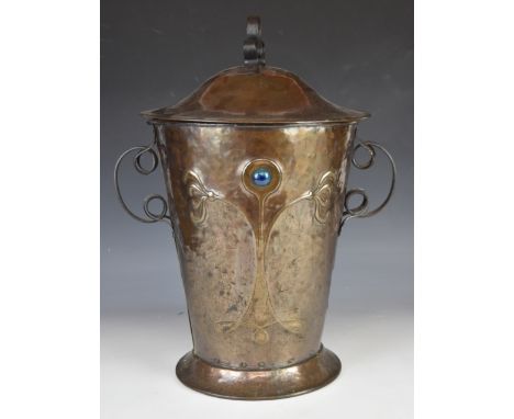 Arts &amp; Crafts / Art Nouveau riveted copper and wrought iron covered bucket with Ruskin or similar pottery cabochons and r
