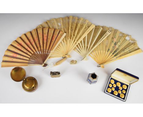 Cased set of buttons for Hong Kong and Shanghai Polo Club, by Firmin and Sons, fans with bone guard sticks, Dunhill lighter, 